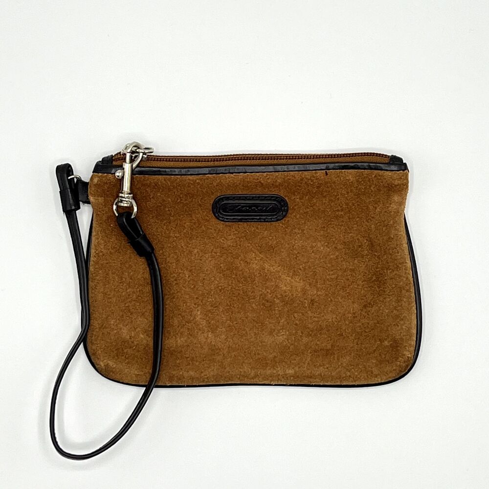 Fossil Suede Small Wristlet Chestnut Brown with Black Trim SL8687